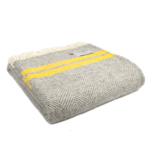 Tweedmill Fishbone 2 Stripe Throw - Grey/Yellow Blanket Pure New Wool