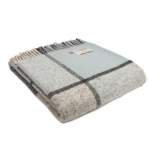Tweedmill Block Check Throw - Duck Egg Blanket Pure New Wool