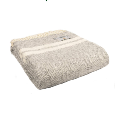 Tweedmill Fishbone 2 Stripe Throw - Grey/Cream Blanket Pure New Wool