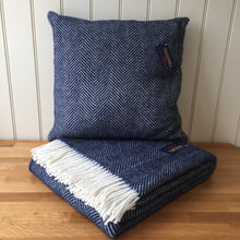 Load image into Gallery viewer, Tweedmill Fishbone Navy Throw Blanket Pure New Wool