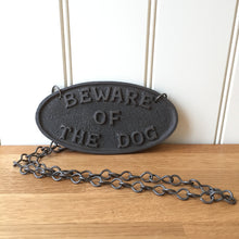 Load image into Gallery viewer, Cast Antique Iron ‘Beware of The Dog’ Oval Plaque With Chain Sign Vintage Antique