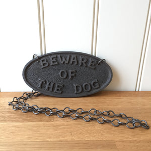 Cast Antique Iron ‘Beware of The Dog’ Oval Plaque With Chain Sign Vintage Antique