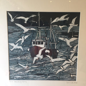 ORIGINAL REDUCTION LINO CUT ART "HEADING HOME" FRAMED IN SOLID OAK 4/10