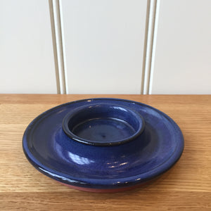 Pottery Candle Holder Dish Glazed Deep Blue