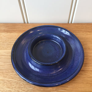 Pottery Candle Holder Dish Glazed Deep Blue