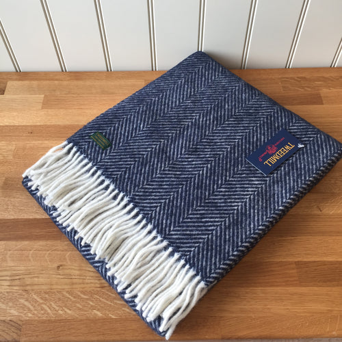 Tweedmill Navy Fishbone Knee Rug / Small  Blanket Throw Pure New Wool