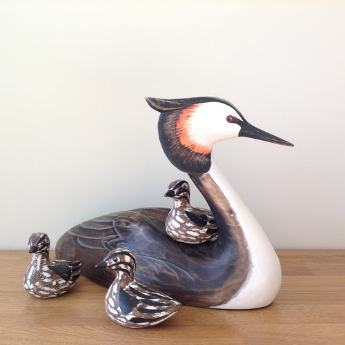 Archipelago Grebe With Three Chicks Wood Carving