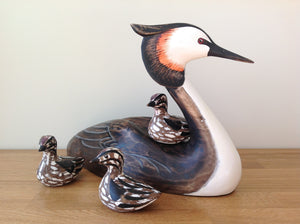 Archipelago Grebe With Three Chicks Wood Carving