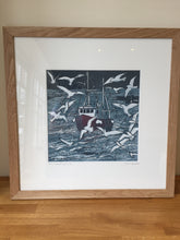 Load image into Gallery viewer, ORIGINAL REDUCTION LINO CUT ART &quot;HEADING HOME&quot; SOLID OAK FRAME 10/10 PAINTING