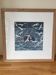 ORIGINAL REDUCTION LINO CUT ART "HEADING HOME" SOLID OAK FRAME 10/10 PAINTING
