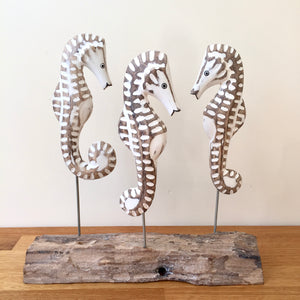 Archipelago Triple Sea Horse Block D198 Wood Carving Nautical Gift