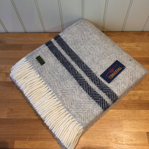 Tweedmill Fishbone 2 Stripe Throw - Silver Grey/Navy Blanket Pure New Wool
