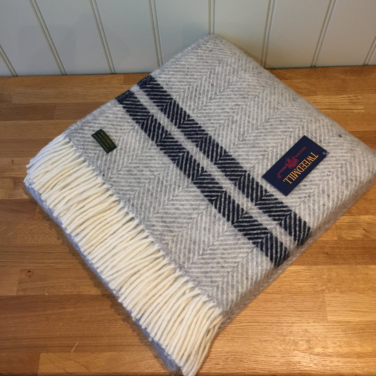 Tweedmill Fishbone 2 Stripe Throw - Silver Grey/Navy Blanket Pure New ...