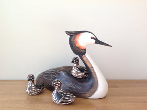 Archipelago Grebe With Three Chicks Wood Carving