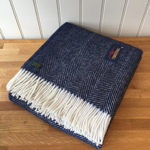 Load image into Gallery viewer, Tweedmill Fishbone Navy Throw Blanket Pure New Wool