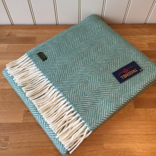 Tweedmill Sea Green Fishbone Knee Rug / Small Blanket Throw Pure New Wool