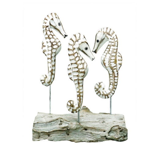 Archipelago Triple Sea Horse Block D198 Wood Carving Nautical Gift