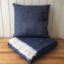 Load image into Gallery viewer, Tweedmill Fishbone Cushion Navy Pure New Wool