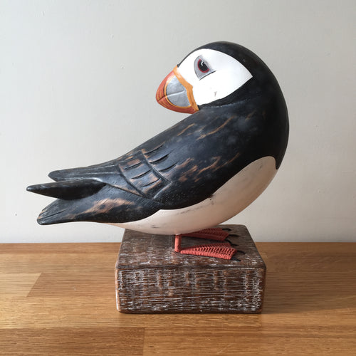 Archipelago Puffin Preening Wood Carving