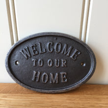 Load image into Gallery viewer, Cast Iron Welcome To Our Home Oval Plaque Wall Door Sign Vintage Antique