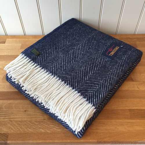 Tweedmill Fishbone Navy Throw Blanket Pure New Wool
