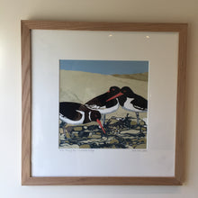 Load image into Gallery viewer, ORIGINAL REDUCTION LINO CUT ART &quot;ALONG THE WATERS EDGE &quot; SOLID OAK FRAME 6/9