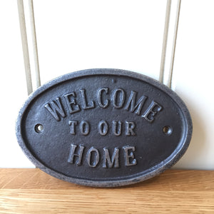 Cast Iron Welcome To Our Home Oval Plaque Wall Door Sign Vintage Antique