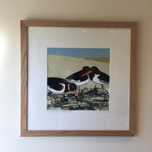Load image into Gallery viewer, ORIGINAL REDUCTION LINO CUT ART &quot;ALONG THE WATERS EDGE &quot; SOLID OAK FRAME 6/9