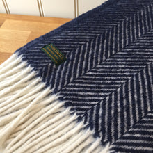 Load image into Gallery viewer, Tweedmill Fishbone Navy Throw Blanket Pure New Wool