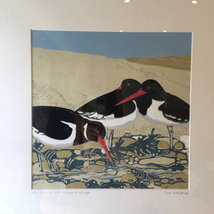 ORIGINAL REDUCTION LINO CUT ART "ALONG THE WATERS EDGE" 2/9 FRAMED IN SOLID OAK