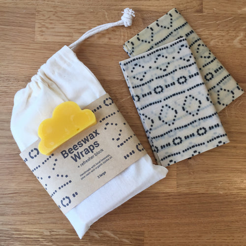 Artisan Beeswax Wraps - 2 Large + Refresher Block - Mudcloth Design Country Gift