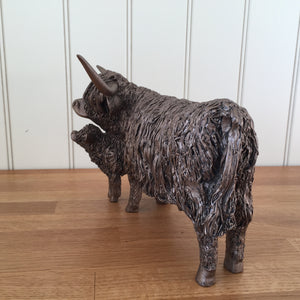 Highland Cow & Calf Standing Bronze Frith Sculpture By Veronica Ballan