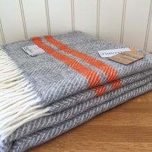 Load image into Gallery viewer, Tweedmill Fishbone 2 Stripe Throw - Grey/Pumpkin Blanket Pure New Wool