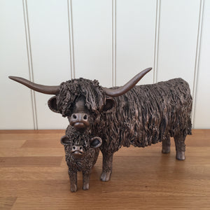 Highland Cow & Calf Standing Bronze Frith Sculpture By Veronica Ballan