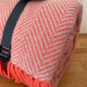 Tweedmill Polo Picnic Rug with Waterproof Backing and Carry Strap - Herringbone Flamingo/Grey