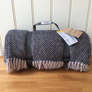 Tweedmill Polo Picnic Rug with Waterproof Backing and Carry Strap - Herringbone Charcoal & Silver/Grey