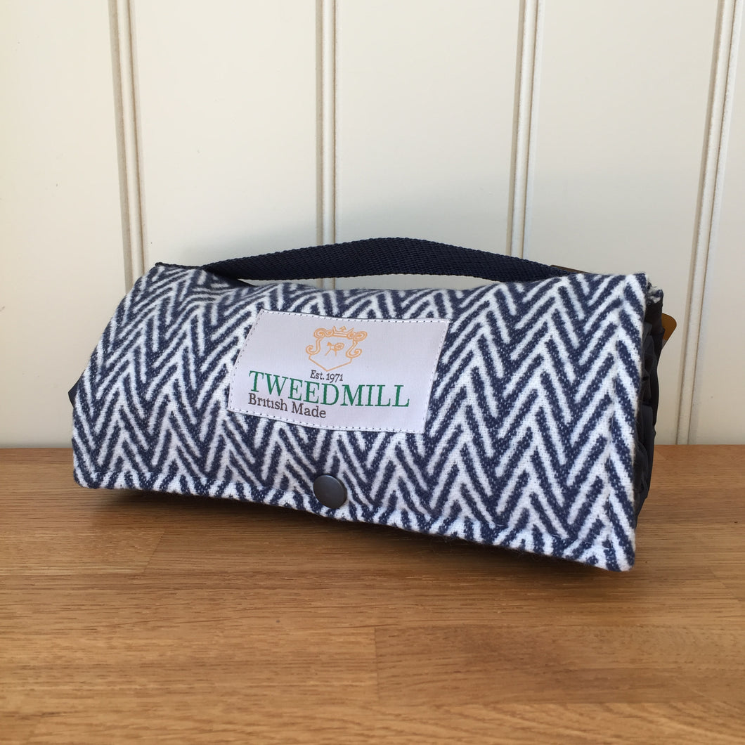 Tweedmill Walker Companion  Picnic Rug Waterproof Backed - Cotton Navy Herringbone