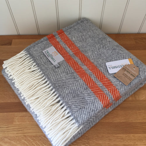 Tweedmill Fishbone 2 Stripe Throw - Grey/Pumpkin Blanket Pure New Wool