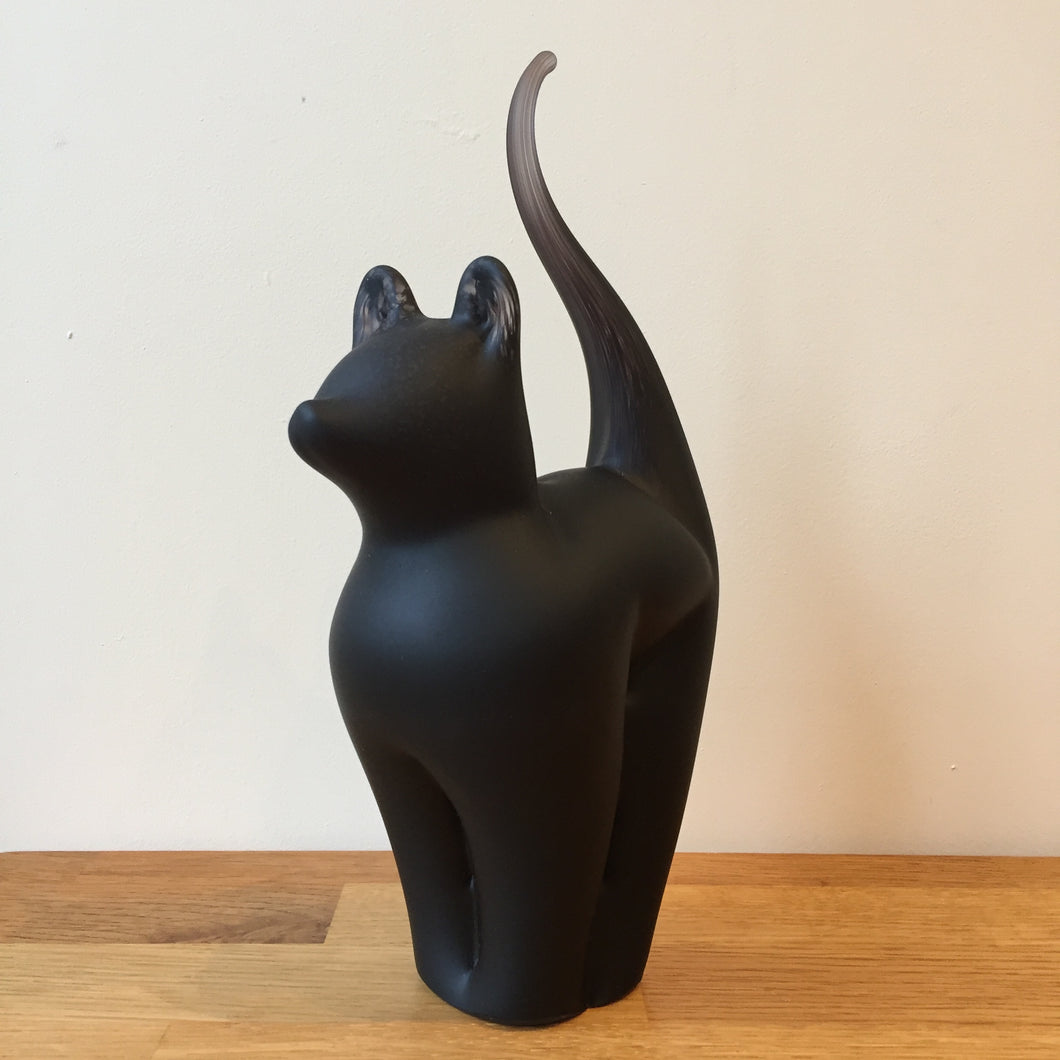 Glass Cat Sculpture Black Frosted Large Handmade Ornament