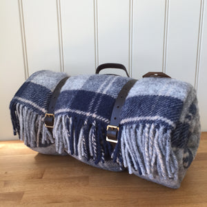 Tweedmill Polo Picnic Rug Pure New Wool Navy / Bannockbane with Waterproof Backing and Leather Carry Strap