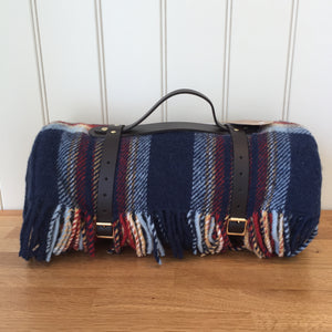 Tweedmill Polo Picnic Rug Pure New Wool Jubilee with Waterproof Backing and Leather Carry Strap - Jubilee/Navy