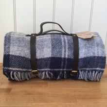 Load image into Gallery viewer, Tweedmill Polo Picnic Rug Pure New Wool Navy / Bannockbane with Waterproof Backing and Leather Carry Strap