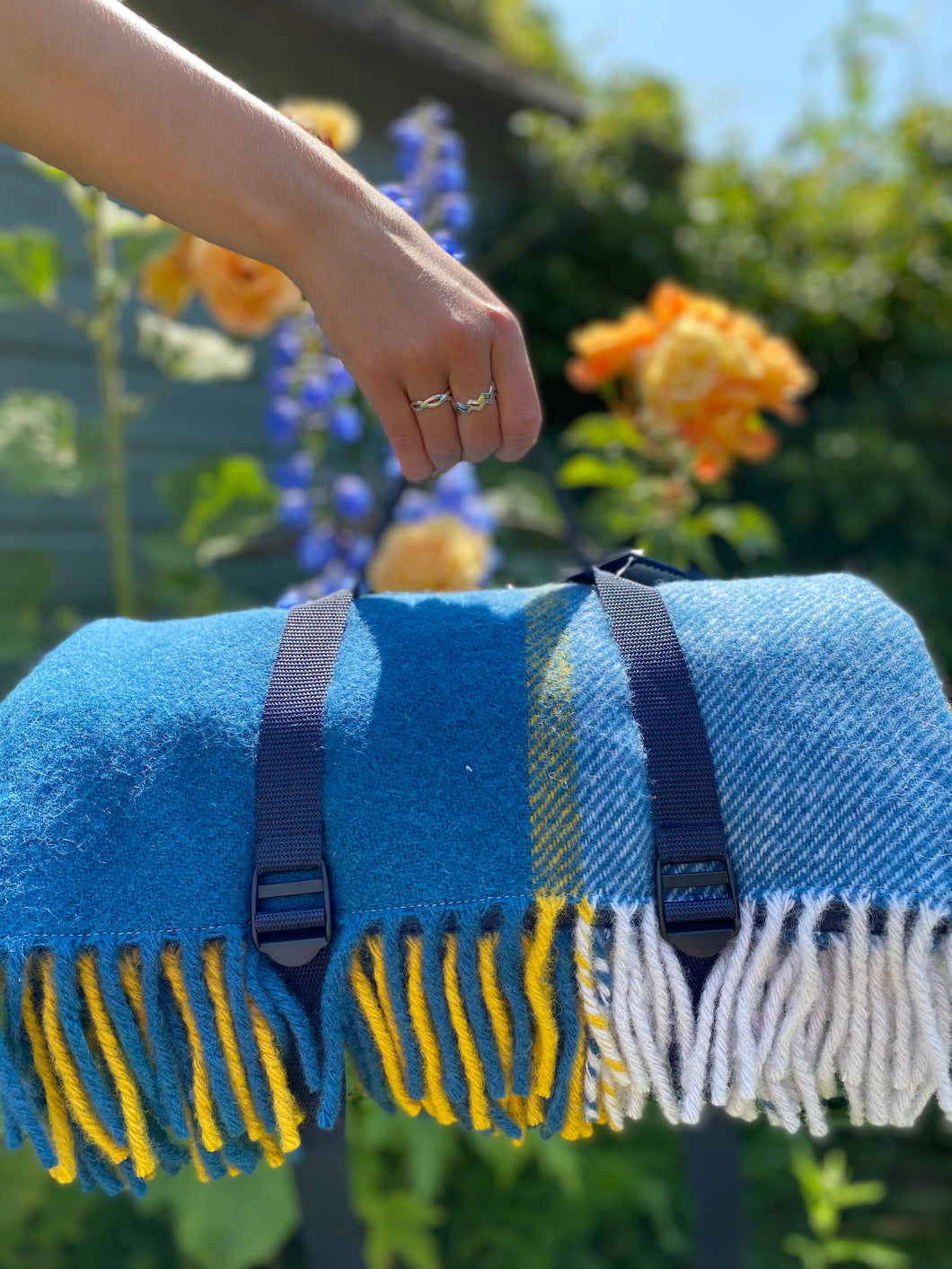 Tweedmill Polo Picnic Rug with Waterproof Backing and Carry Strap - Block Check Ink & Yellow