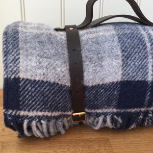 Tweedmill Polo Picnic Rug Pure New Wool Navy / Bannockbane with Waterproof Backing and Leather Carry Strap