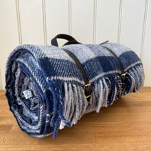 Load image into Gallery viewer, Tweedmill Polo Picnic Rug Pure New Wool Navy / Bannockbane with Waterproof Backing and Leather Carry Strap
