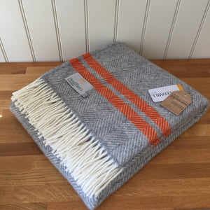 Tweedmill Fishbone 2 Stripe Throw - Grey/Pumpkin Blanket Pure New Wool