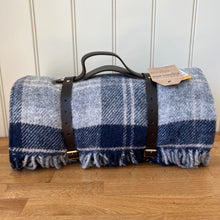 Load image into Gallery viewer, Tweedmill Polo Picnic Rug Pure New Wool Navy / Bannockbane with Waterproof Backing and Leather Carry Strap