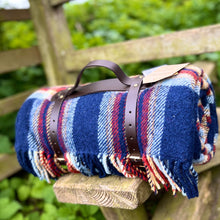 Load image into Gallery viewer, Tweedmill Polo Picnic Rug Pure New Wool Jubilee with Waterproof Backing and Leather Carry Strap - Jubilee/Navy